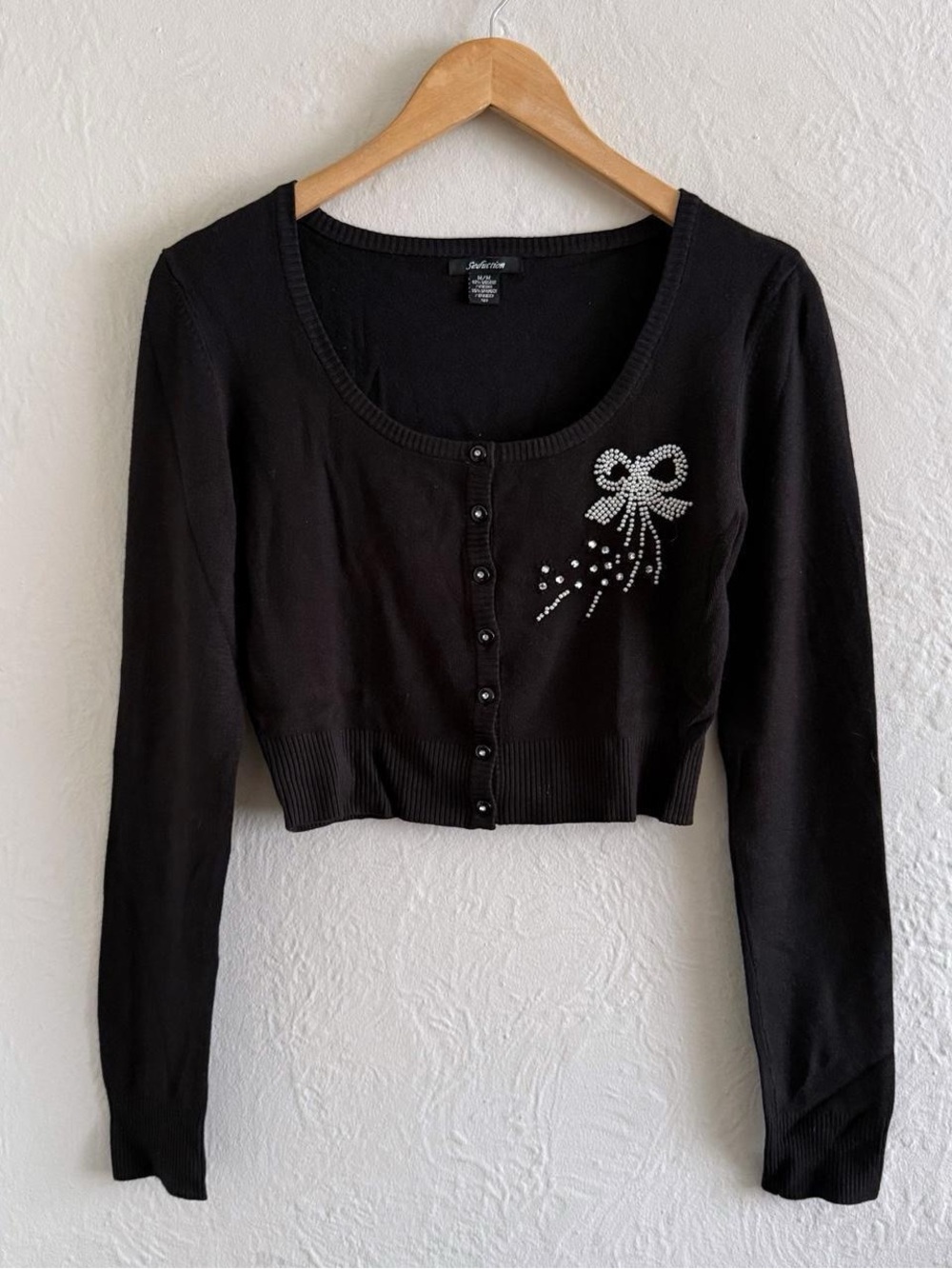 Y2K Black Cropped Button-Front Cardigan with Rhinestone Bow Size M